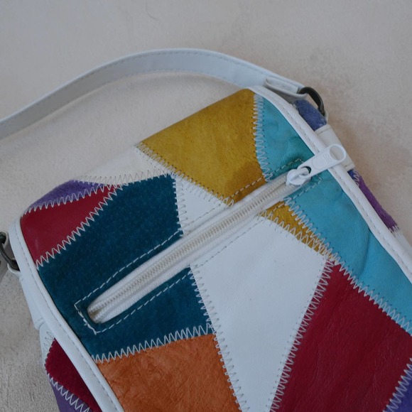 White Leather Crossbody Vintage Patchwork Multi-Color Flap-Over Snap Closure - Picture 7 of 9